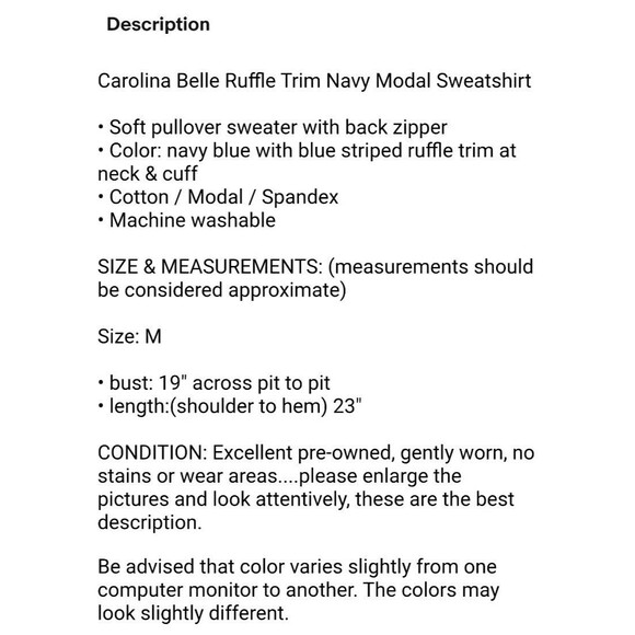 Carolina Belle Ruffle Trim Navy Modal Sweatshirt  Size M  Exposed Zipper Top - Picture 8 of 8